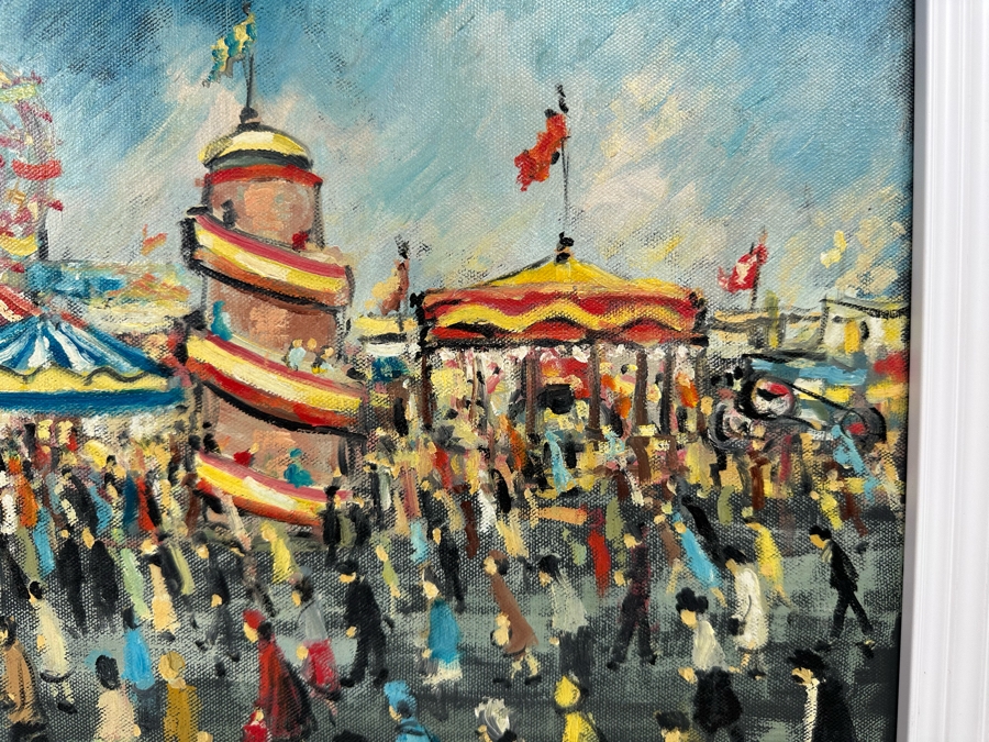 Charles M. Jones (1923-2008, United Kingdom) Original Folk Art Painting Of Carnival Fair 20 X 16 Framed 22 X 18 [CA] [Photo 9]