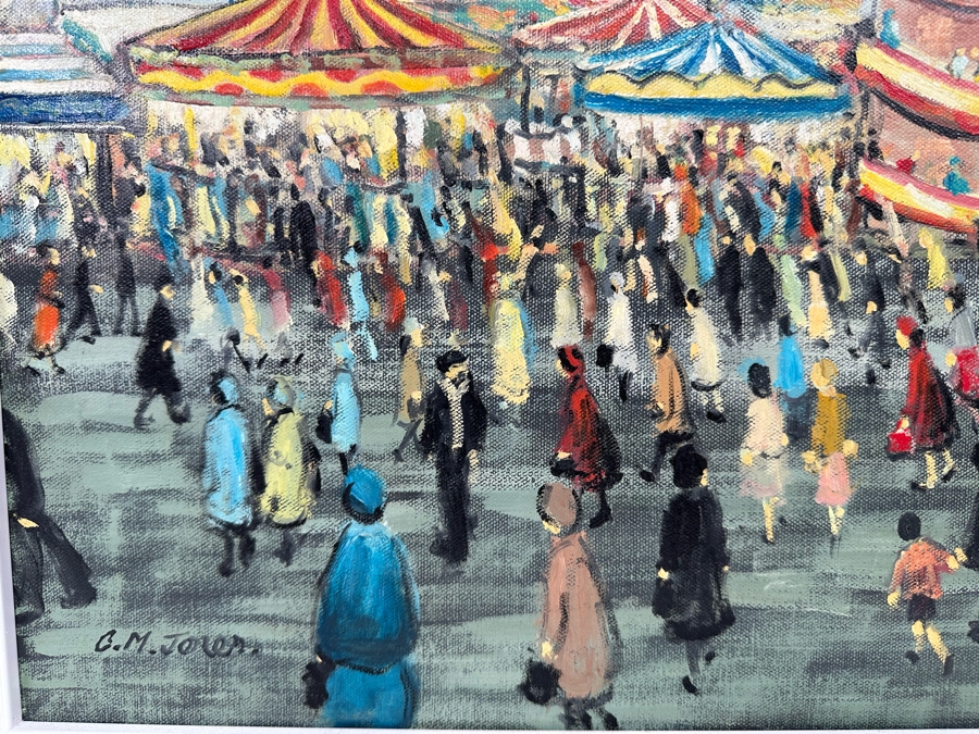 Charles M. Jones (1923-2008, United Kingdom) Original Folk Art Painting Of Carnival Fair 20 X 16 Framed 22 X 18 [CA] [Photo 7]
