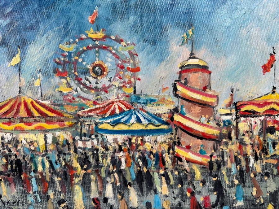 Charles M. Jones (1923-2008, United Kingdom) Original Folk Art Painting Of Carnival Fair 20 X 16 Framed 22 X 18 [CA] [Photo 12]