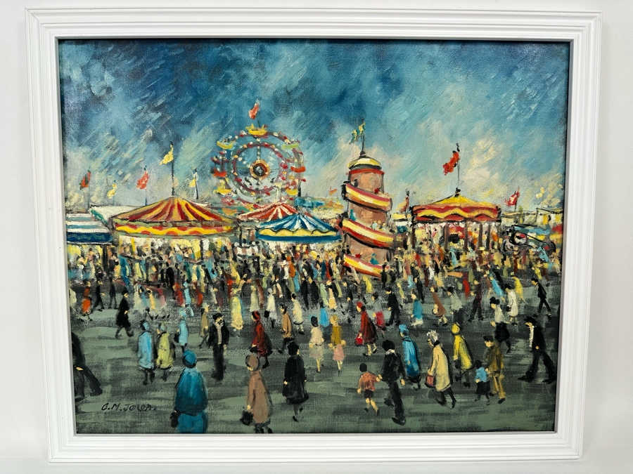 Charles M. Jones (1923-2008, United Kingdom) Original Folk Art Painting Of Carnival Fair 20 X 16 Framed 22 X 18 [CA] [Photo 2]