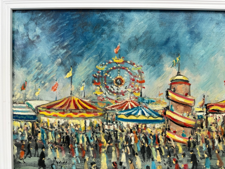 Charles M. Jones (1923-2008, United Kingdom) Original Folk Art Painting Of Carnival Fair 20 X 16 Framed 22 X 18 [CA] [Photo 5]