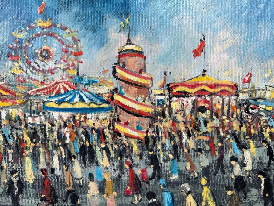 Charles M. Jones (1923-2008, United Kingdom) Original Folk Art Painting Of Carnival Fair 20 X 16 Framed 22 X 18 [CA] [Photo 8]