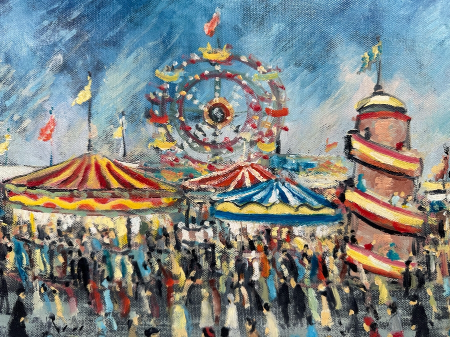 Charles M. Jones (1923-2008, United Kingdom) Original Folk Art Painting Of Carnival Fair 20 X 16 Framed 22 X 18 [CA] [Photo 6]