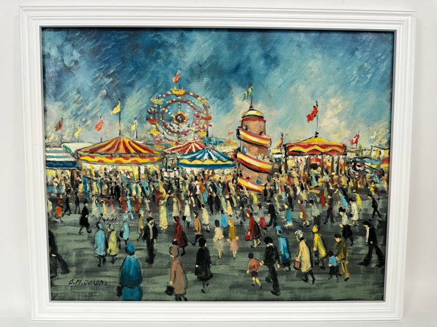 Charles M. Jones (1923-2008, United Kingdom) Original Folk Art Painting Of Carnival Fair 20 X 16 Framed 22 X 18 [CA] [Photo 3]