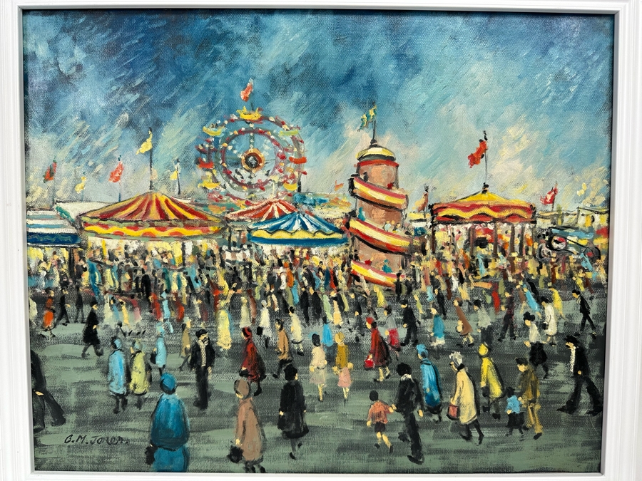 Charles M. Jones (1923-2008, United Kingdom) Original Folk Art Painting Of Carnival Fair 20 X 16 Framed 22 X 18 [CA] [Photo 4]