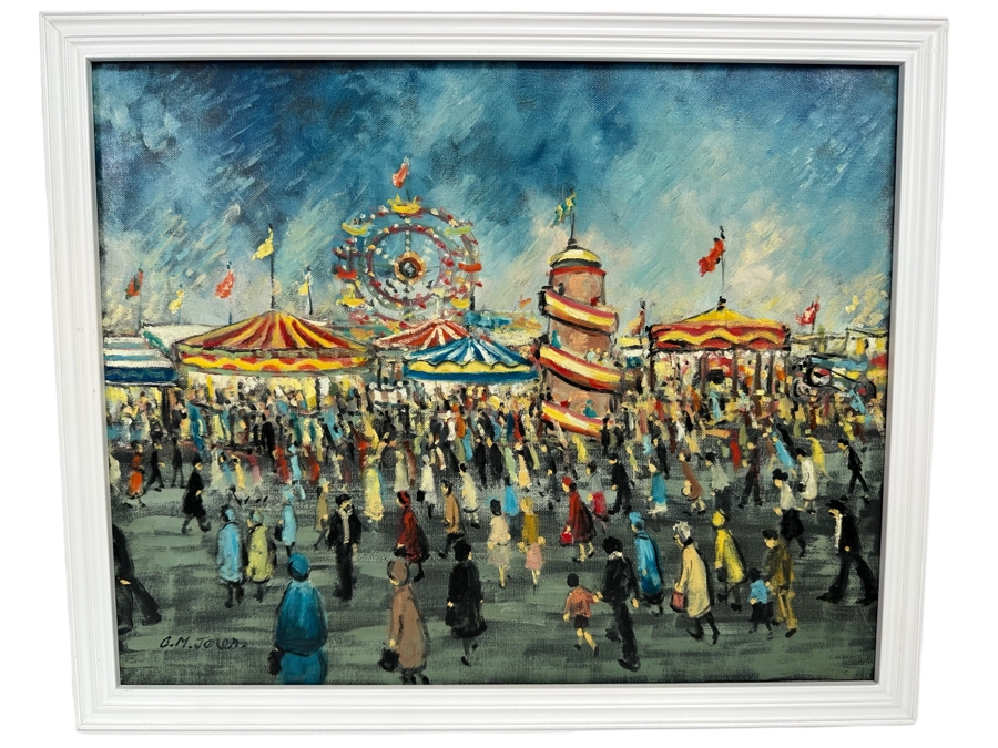 Charles M. Jones (1923-2008, United Kingdom) Original Folk Art Painting Of Carnival Fair 20 X 16 Framed 22 X 18 [CA]