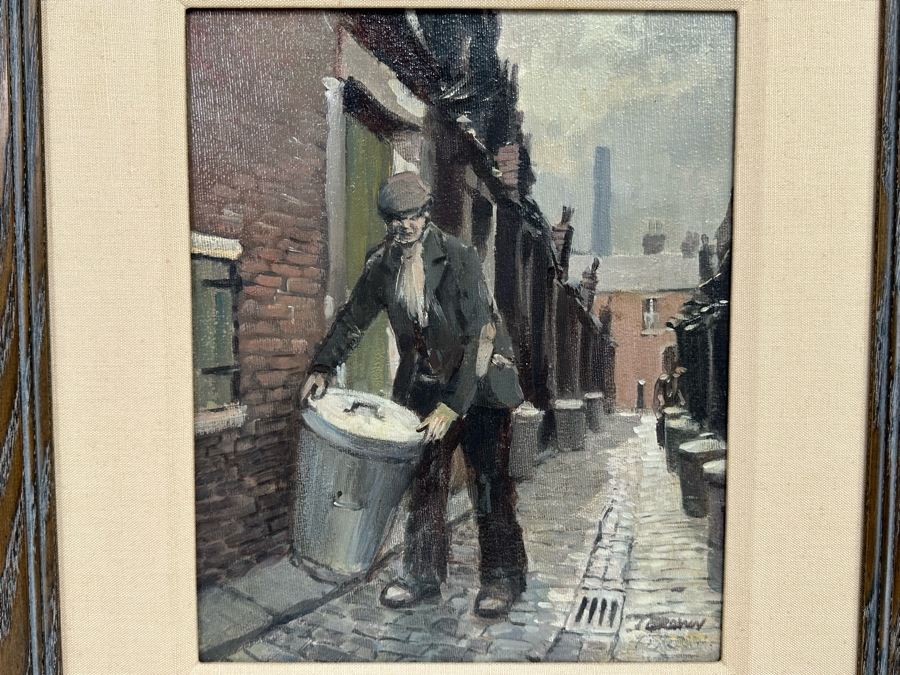 Tom Brown (1933-2017, British) Original Oil Painting On Canvas Of Man In Alley With Garbage Pail 12 X 10 Framed 19 X 17 [CA]