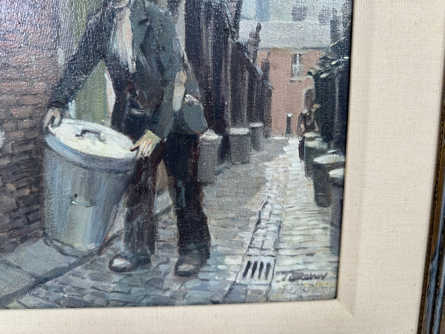 Tom Brown (1933-2017, British) Original Oil Painting On Canvas Of Man In Alley With Garbage Pail 12 X 10 Framed 19 X 17 [CA] [Photo 7]