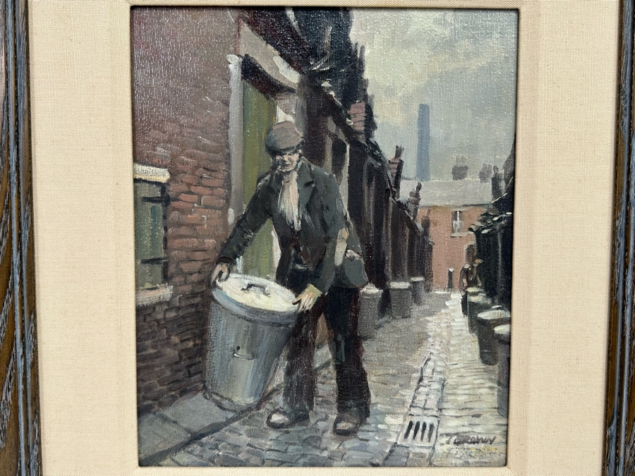 Tom Brown (1933-2017, British) Original Oil Painting On Canvas Of Man In Alley With Garbage Pail 12 X 10 Framed 19 X 17 [CA] [Photo 4]
