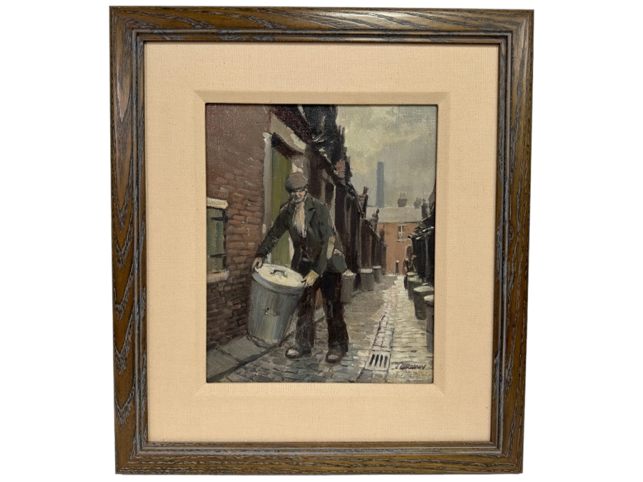 Tom Brown (1933-2017, British) Original Oil Painting On Canvas Of Man In Alley With Garbage Pail 12 X 10 Framed 19 X 17 [CA] [Photo 2]
