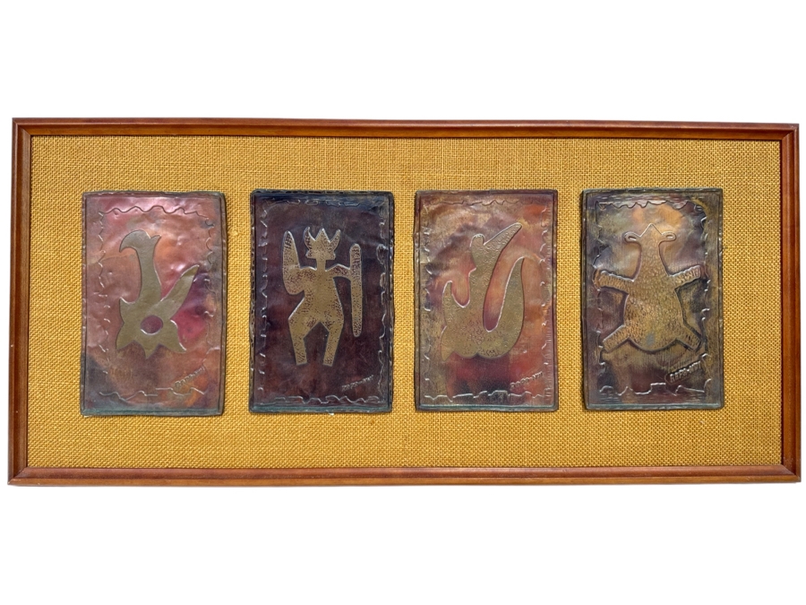 Mid-Century Hammered Embossed Copper Metal Artwork Signed Rapa-Nui 5 X 7.5 Ea Framed 28W X 13H [CA]