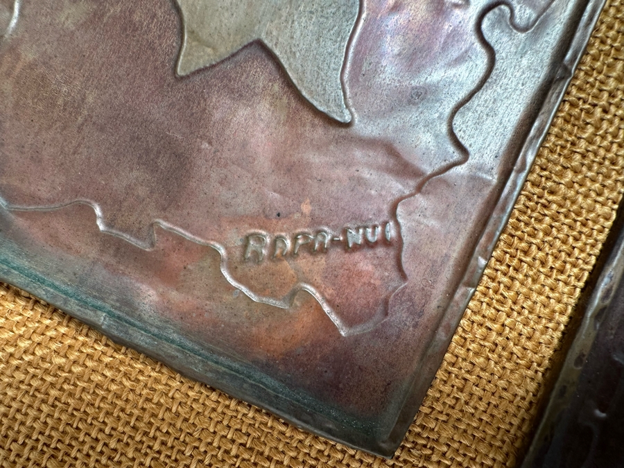 Mid-Century Hammered Embossed Copper Metal Artwork Signed Rapa-Nui 5 X 7.5 Ea Framed 28W X 13H [CA] [Photo 13]