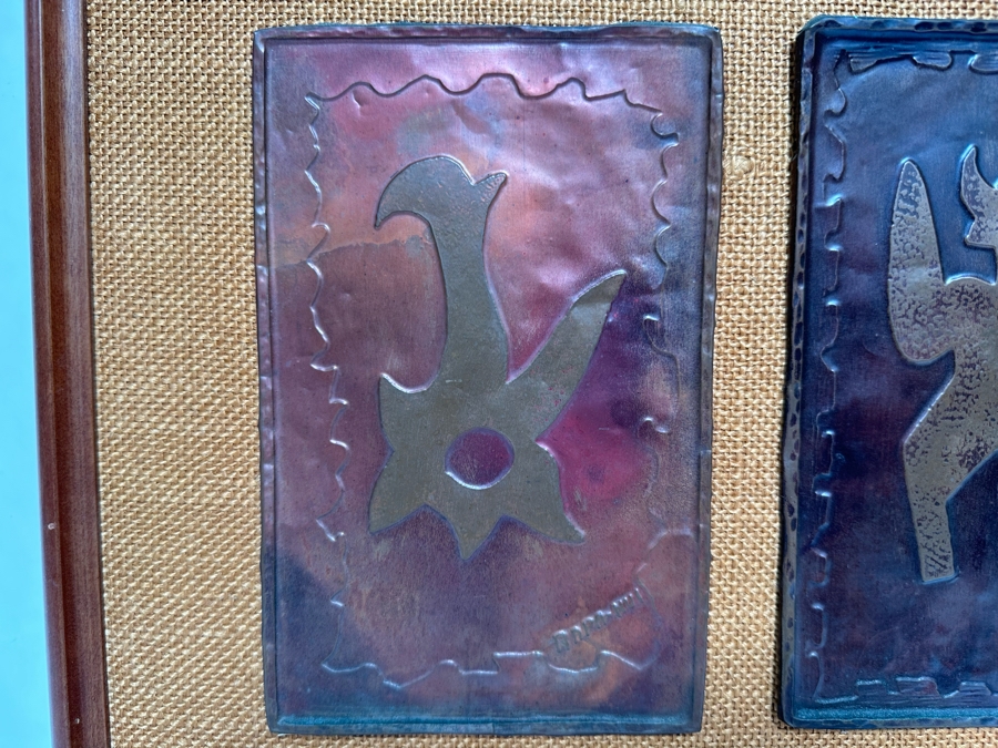 Mid-Century Hammered Embossed Copper Metal Artwork Signed Rapa-Nui 5 X 7.5 Ea Framed 28W X 13H [CA] [Photo 12]
