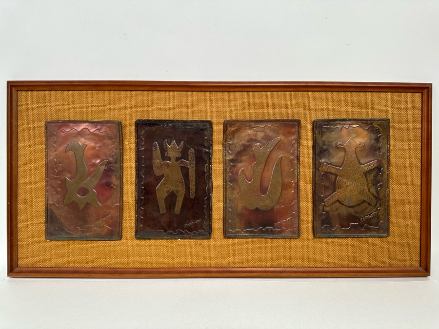 Mid-Century Hammered Embossed Copper Metal Artwork Signed Rapa-Nui 5 X 7.5 Ea Framed 28W X 13H [CA] [Photo 3]