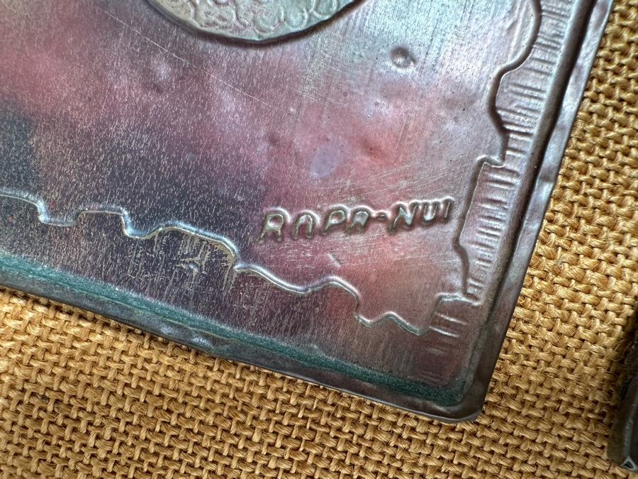Mid-Century Hammered Embossed Copper Metal Artwork Signed Rapa-Nui 5 X 7.5 Ea Framed 28W X 13H [CA] [Photo 9]