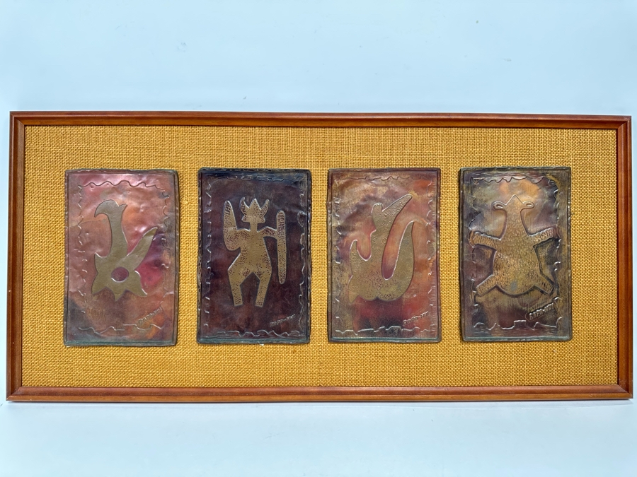 Mid-Century Hammered Embossed Copper Metal Artwork Signed Rapa-Nui 5 X 7.5 Ea Framed 28W X 13H [CA] [Photo 2]