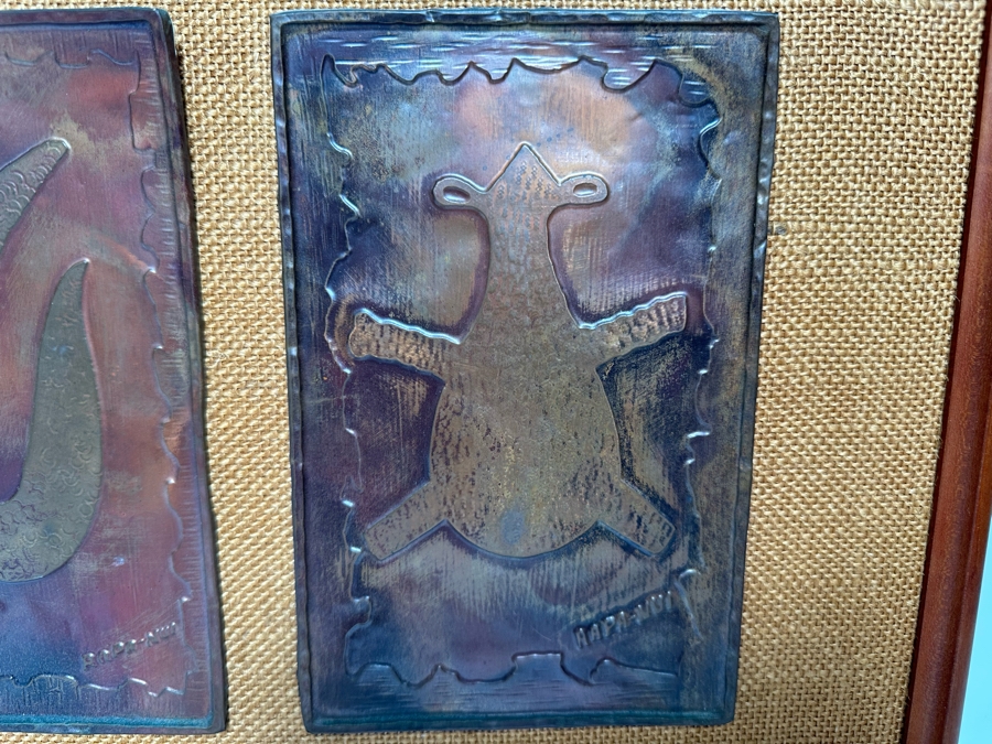 Mid-Century Hammered Embossed Copper Metal Artwork Signed Rapa-Nui 5 X 7.5 Ea Framed 28W X 13H [CA] [Photo 6]