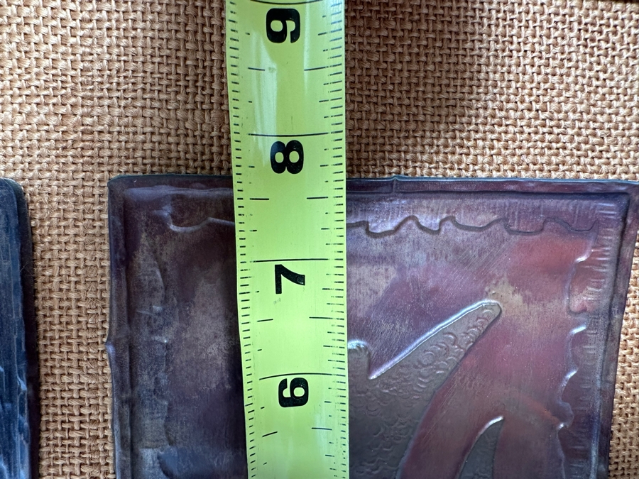 Mid-Century Hammered Embossed Copper Metal Artwork Signed Rapa-Nui 5 X 7.5 Ea Framed 28W X 13H [CA] [Photo 15]