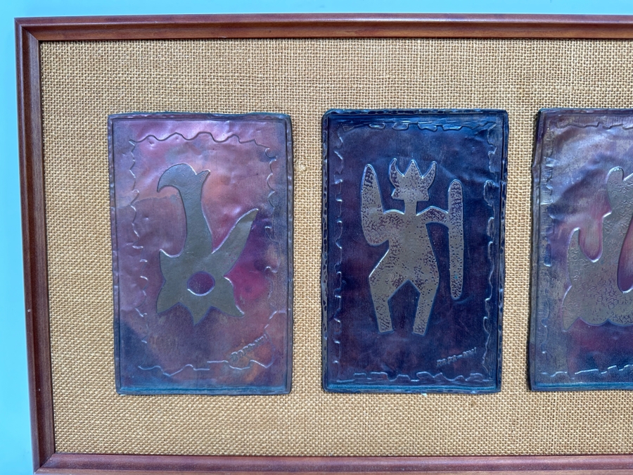 Mid-Century Hammered Embossed Copper Metal Artwork Signed Rapa-Nui 5 X 7.5 Ea Framed 28W X 13H [CA] [Photo 5]