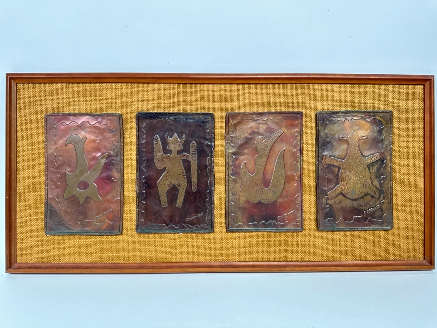 Mid-Century Hammered Embossed Copper Metal Artwork Signed Rapa-Nui 5 X 7.5 Ea Framed 28W X 13H [CA] [Photo 4]