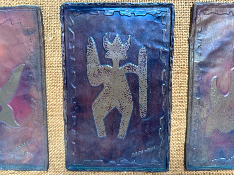 Mid-Century Hammered Embossed Copper Metal Artwork Signed Rapa-Nui 5 X 7.5 Ea Framed 28W X 13H [CA] [Photo 10]