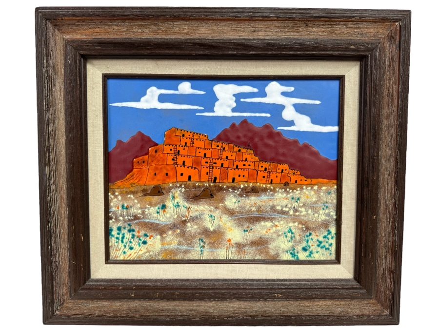 Original Copper Enamel Painting Of The Taos Pueblo In New Mexico By James Mayfield 10 X 8 Framed 15 X 13 [CA] [Photo 2]