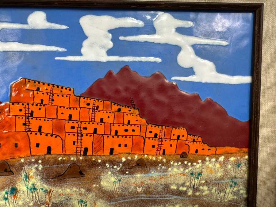 Original Copper Enamel Painting Of The Taos Pueblo In New Mexico By James Mayfield 10 X 8 Framed 15 X 13 [CA] [Photo 6]