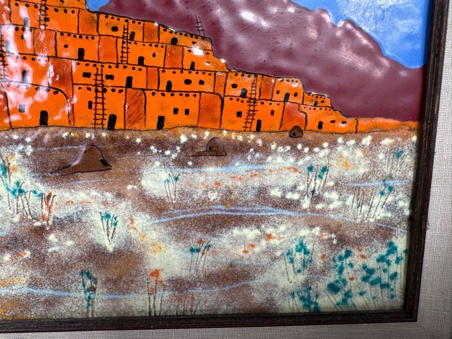 Original Copper Enamel Painting Of The Taos Pueblo In New Mexico By James Mayfield 10 X 8 Framed 15 X 13 [CA] [Photo 5]