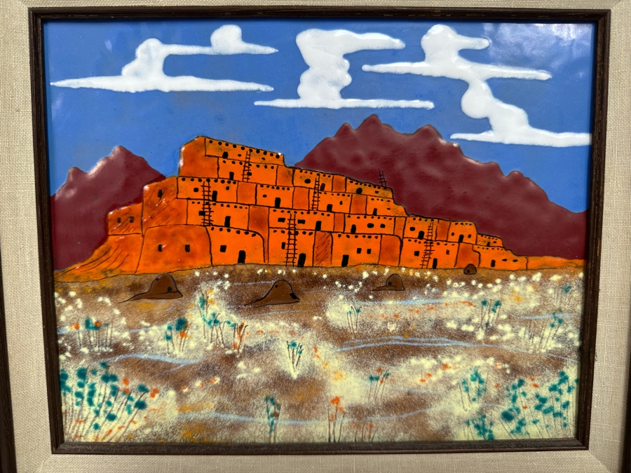 Original Copper Enamel Painting Of The Taos Pueblo In New Mexico By James Mayfield 10 X 8 Framed 15 X 13 [CA] [Photo 3]