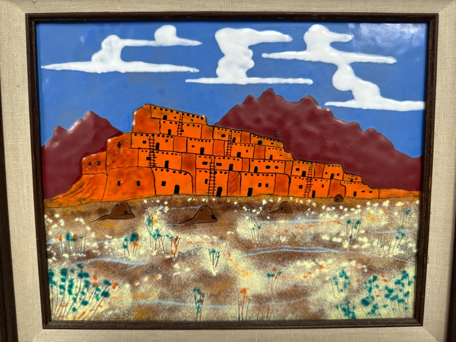 Original Copper Enamel Painting Of The Taos Pueblo In New Mexico By James Mayfield 10 X 8 Framed 15 X 13 [CA] [Photo 1]