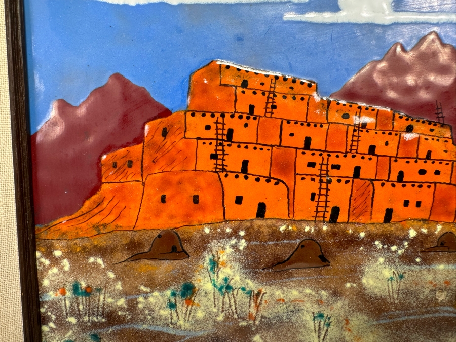 Original Copper Enamel Painting Of The Taos Pueblo In New Mexico By James Mayfield 10 X 8 Framed 15 X 13 [CA] [Photo 4]