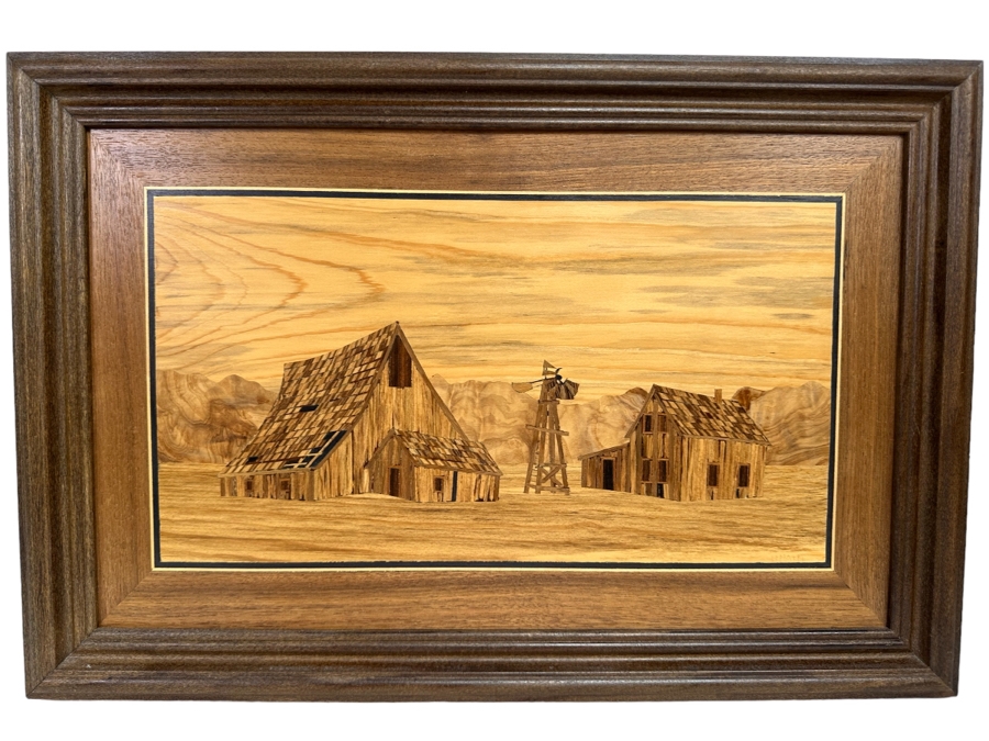 Hosie Main (1913-2014) Inlaid Wooden Marquetry Artwork From Rapid City, South Dakota Double-Sided 15 X 8.5 Framed 21 X 14 [CA] Retails $500