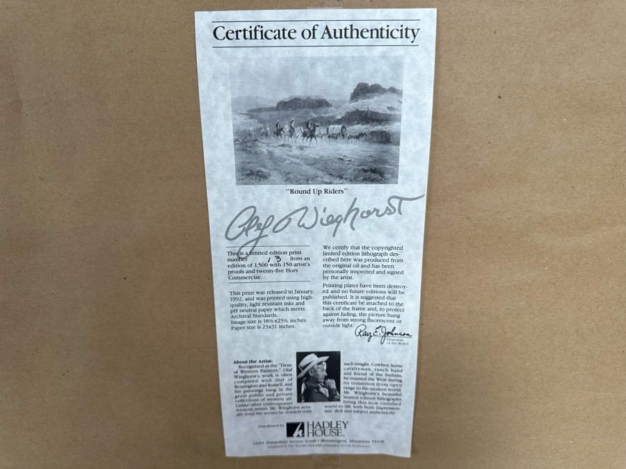Olaf Wieghorst Hand Signed Limited Edition Print Titled 'Roundup Riders' Numbered 13 Of 1500 27 X 21 Framed 36 X 29 [CA] [Photo 18]
