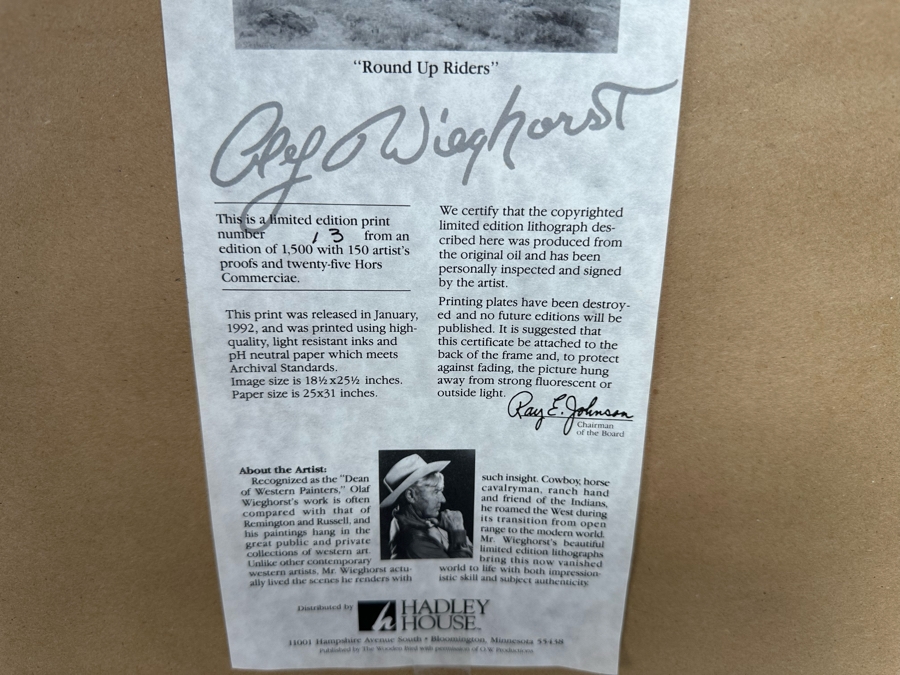 Olaf Wieghorst Hand Signed Limited Edition Print Titled 'Roundup Riders' Numbered 13 Of 1500 27 X 21 Framed 36 X 29 [CA] [Photo 19]