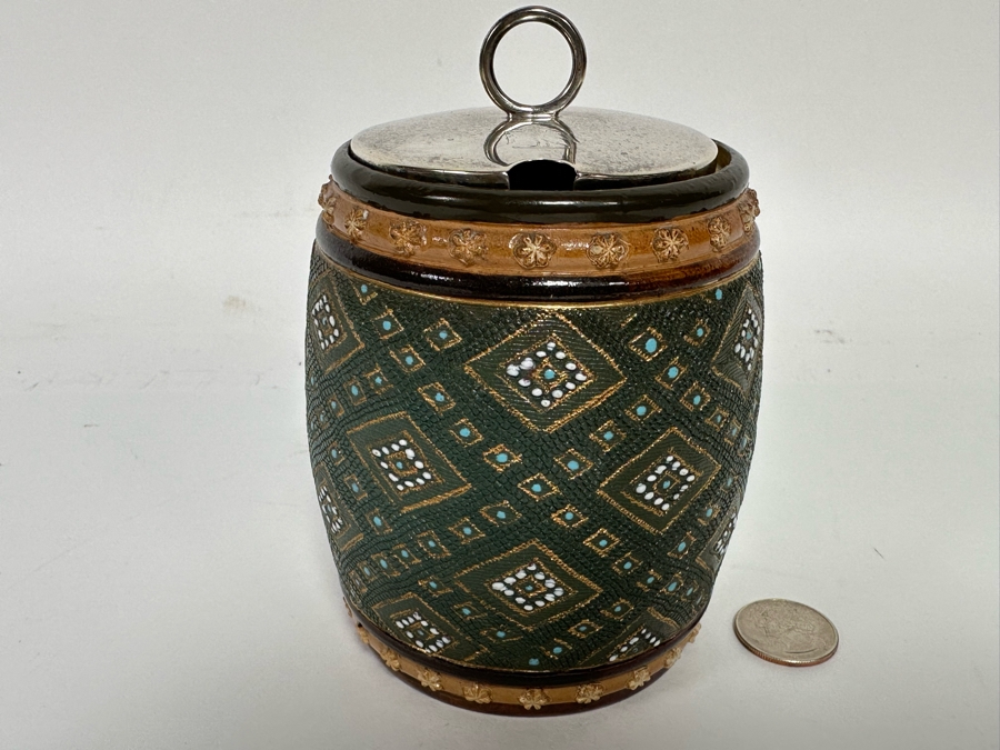 Antique Doulton & Lambeth Tobacco Jar With Sterling Silver English Hallmarked Lid (29.8g Of Sterling) 4W X 5.5H [CA] [Photo 3]