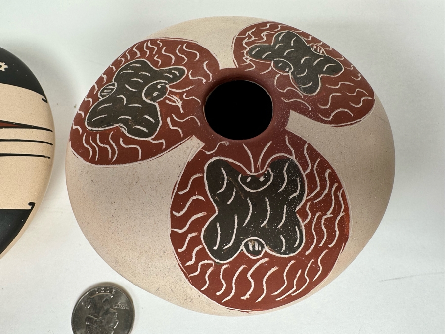 Pair Of Signed Pots Including, On Left, Mata Ortiz Native American Polychrome Pottery Jar By Angel Amayo 4W X 2H [CA] [Photo 7]