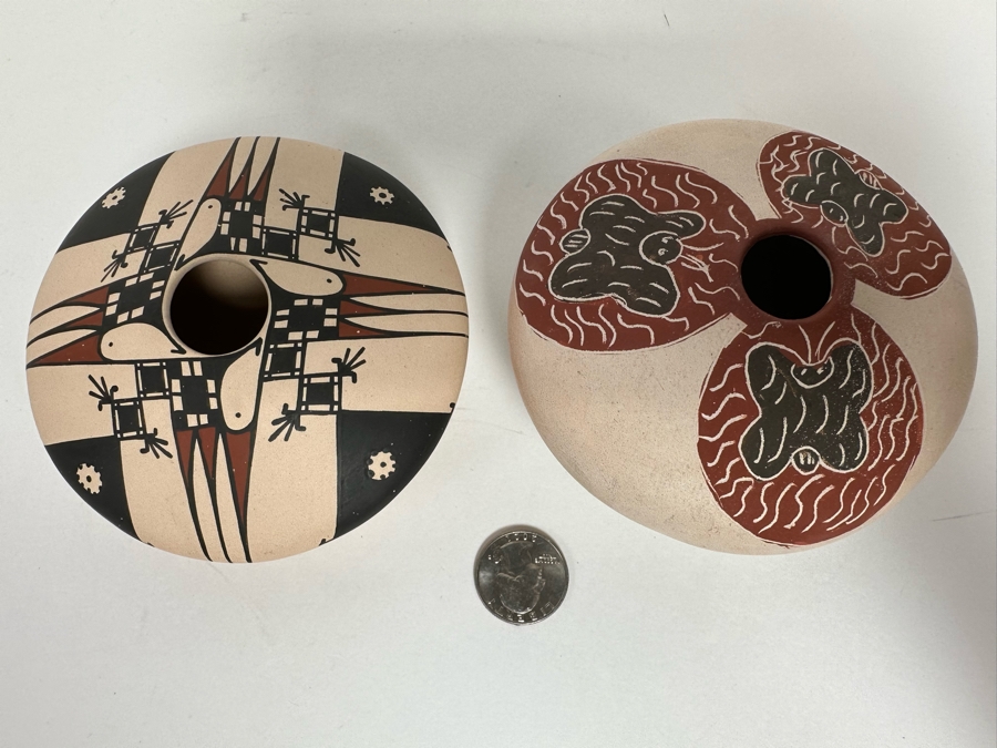 Pair Of Signed Pots Including, On Left, Mata Ortiz Native American Polychrome Pottery Jar By Angel Amayo 4W X 2H [CA] [Photo 2]