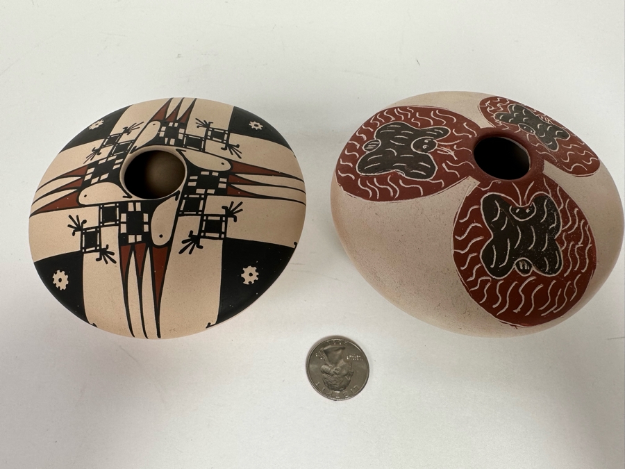 Pair Of Signed Pots Including, On Left, Mata Ortiz Native American Polychrome Pottery Jar By Angel Amayo 4W X 2H [CA] [Photo 3]