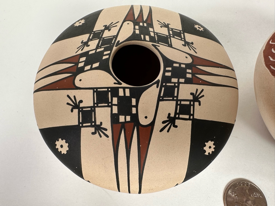 Pair Of Signed Pots Including, On Left, Mata Ortiz Native American Polychrome Pottery Jar By Angel Amayo 4W X 2H [CA] [Photo 5]