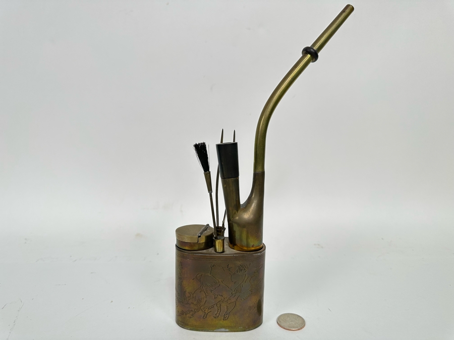 Vintage Chinese Brass Opium Pipe With Chinese Writting 11H [CA] [Photo 3]