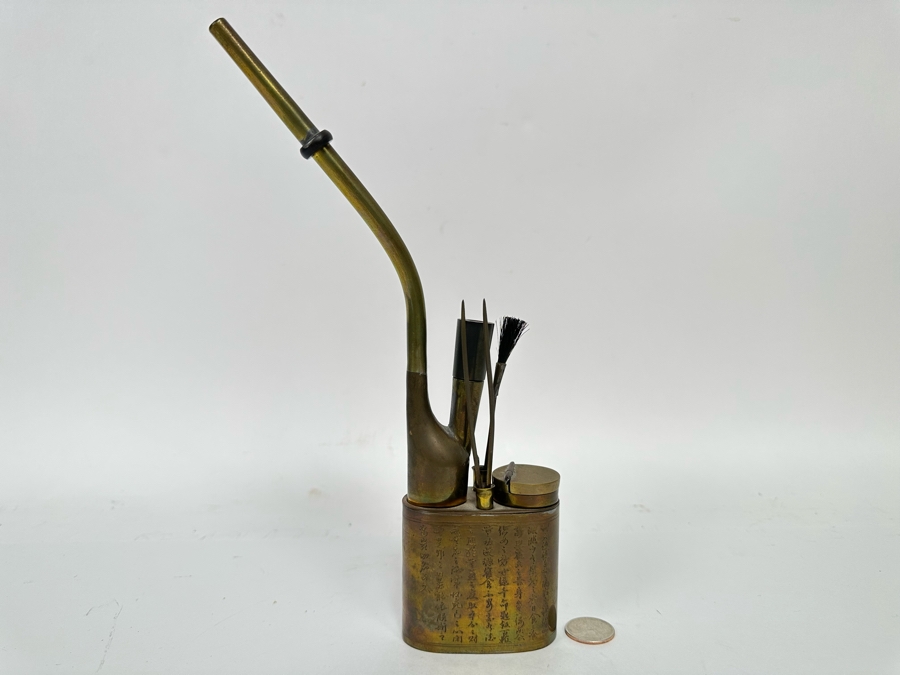 Vintage Chinese Brass Opium Pipe With Chinese Writting 11H [CA] [Photo 2]