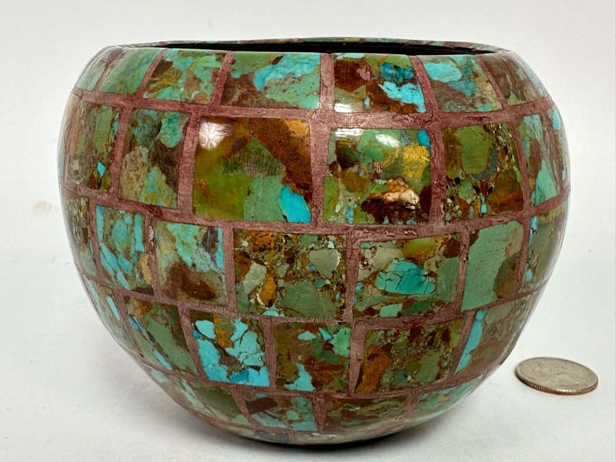 Turquoise Mosiac Inlay Pot Signed S.I.P. / S.D.P. New Mexico 5W X 4H [CA] [Photo 6]