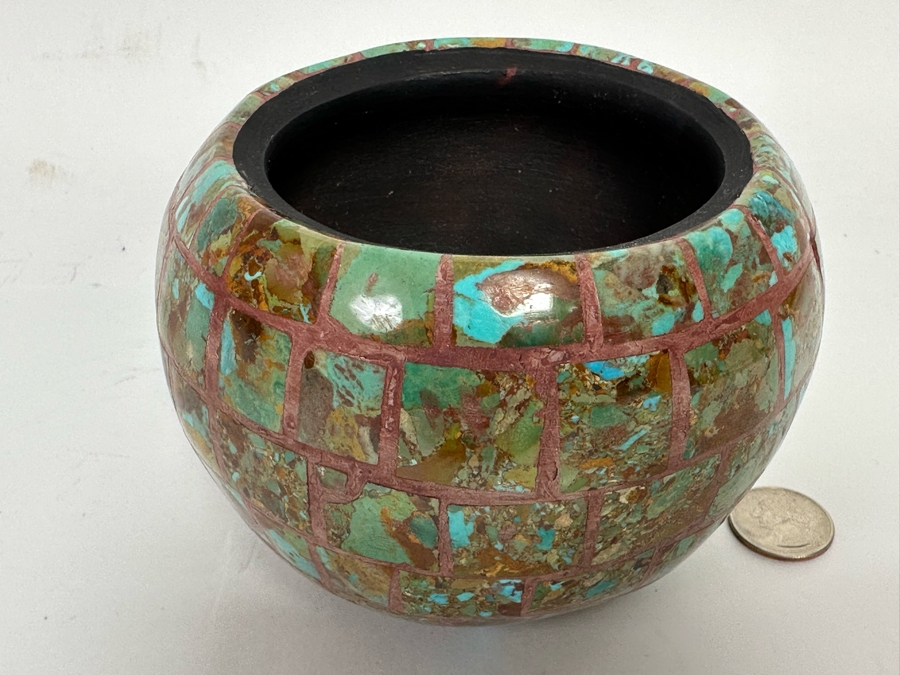 Turquoise Mosiac Inlay Pot Signed S.I.P. / S.D.P. New Mexico 5W X 4H [CA] [Photo 4]