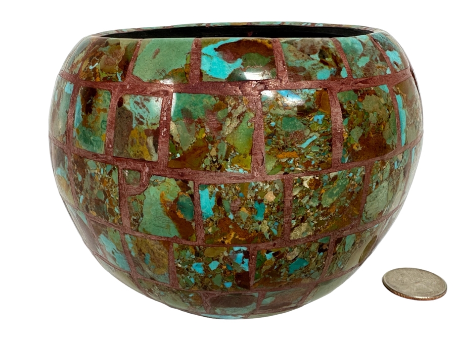Turquoise Mosiac Inlay Pot Signed S.I.P. / S.D.P. New Mexico 5W X 4H [CA] [Photo 1]