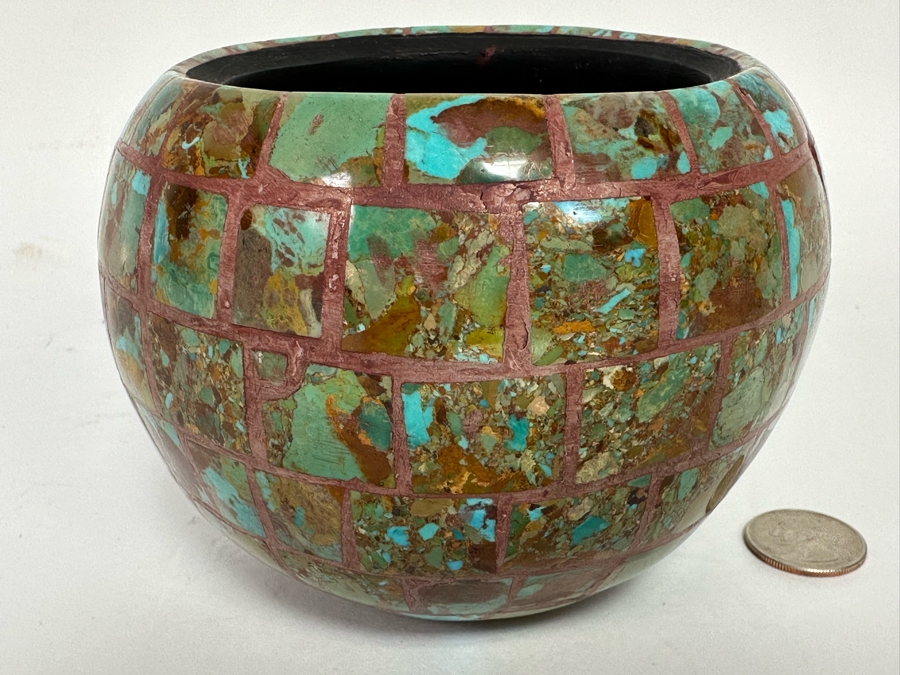 Turquoise Mosiac Inlay Pot Signed S.I.P. / S.D.P. New Mexico 5W X 4H [CA] [Photo 2]