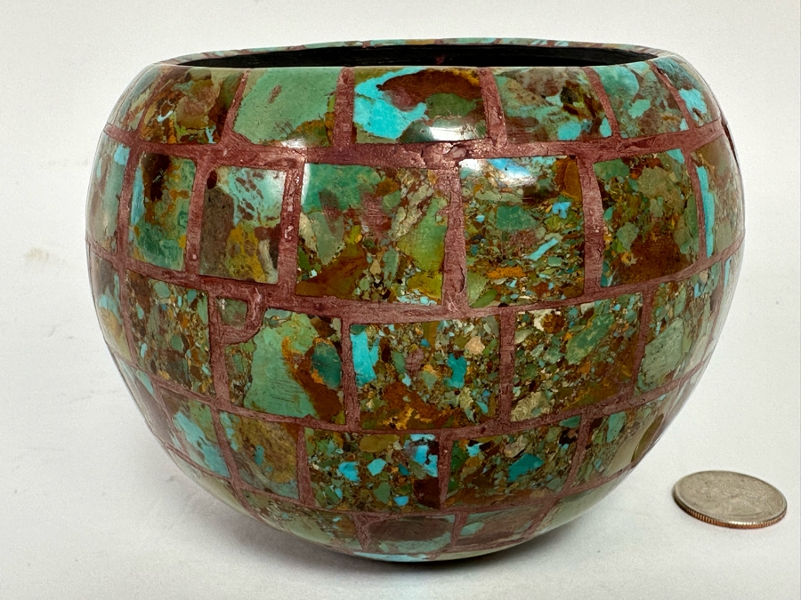 Turquoise Mosiac Inlay Pot Signed S.I.P. / S.D.P. New Mexico 5W X 4H [CA] [Photo 3]