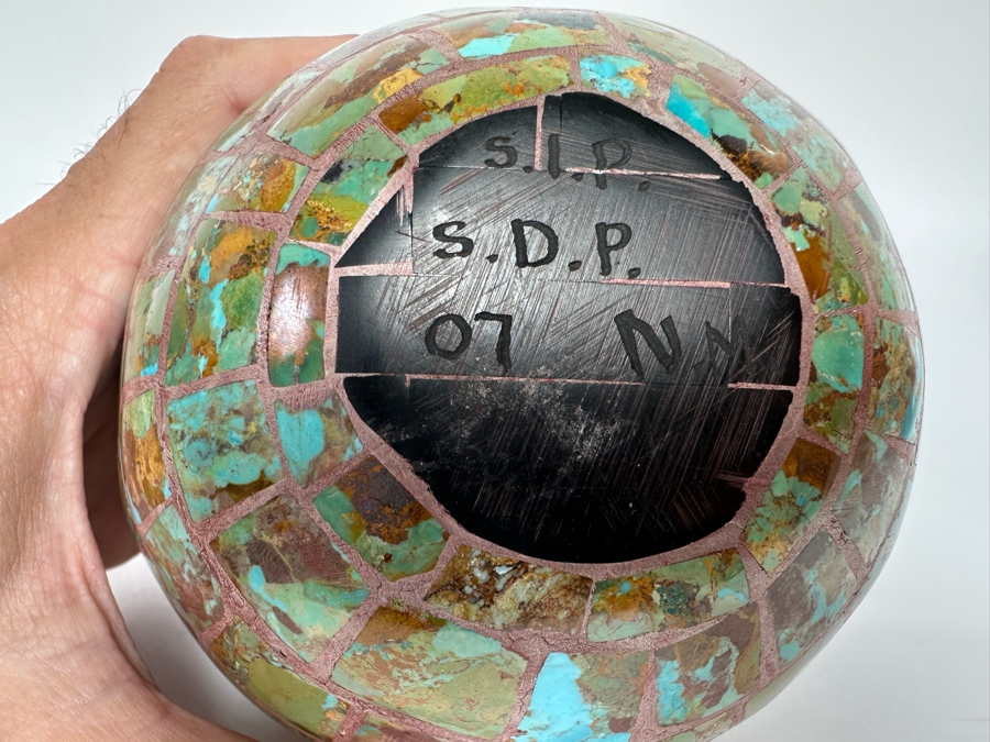 Turquoise Mosiac Inlay Pot Signed S.I.P. / S.D.P. New Mexico 5W X 4H [CA] [Photo 10]