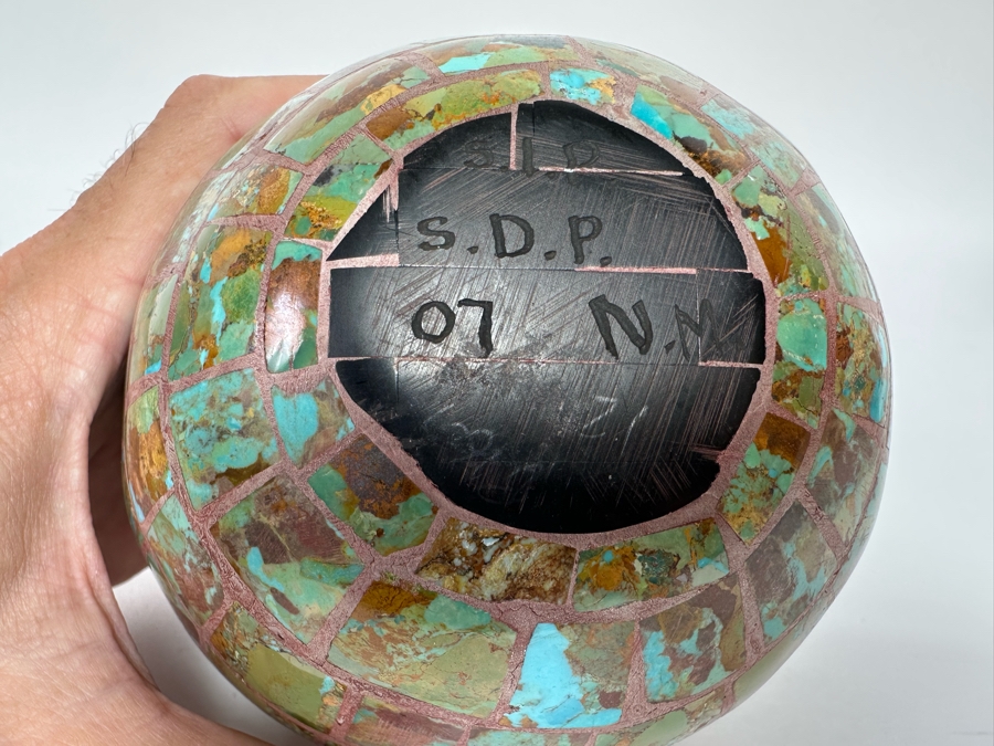 Turquoise Mosiac Inlay Pot Signed S.I.P. / S.D.P. New Mexico 5W X 4H [CA] [Photo 9]