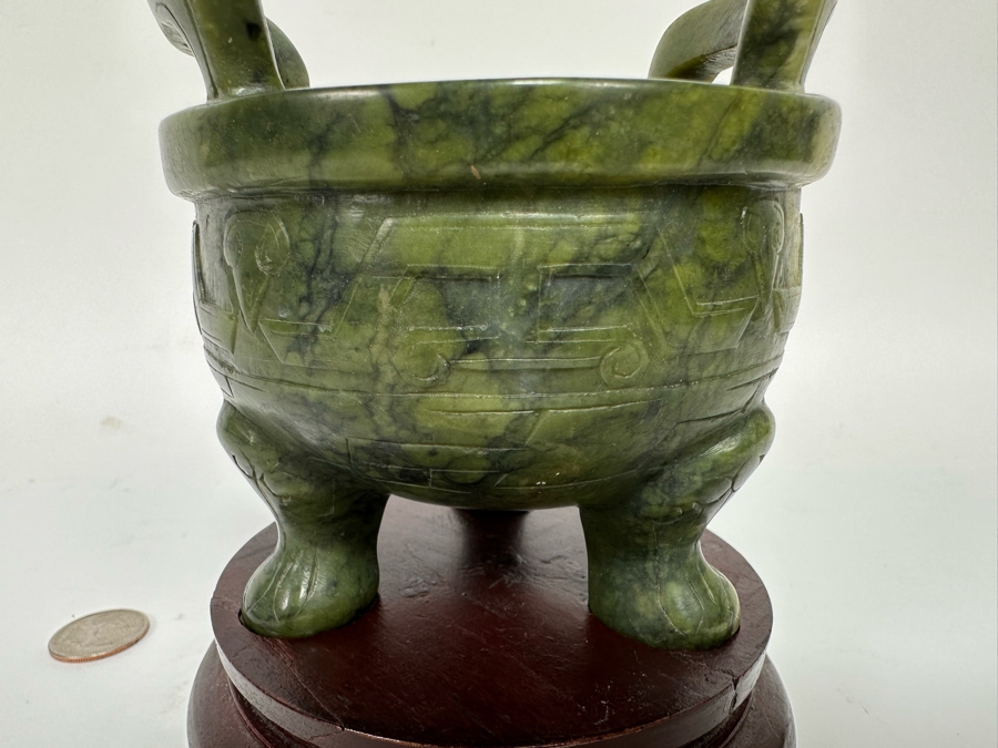 Vintage Chinese Carved Jade Incense Burner With Wooden Stand 4W X 4H [CA] [Photo 12]