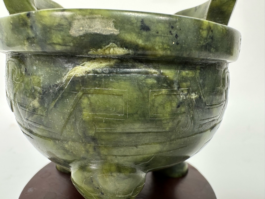 Vintage Chinese Carved Jade Incense Burner With Wooden Stand 4W X 4H [CA] [Photo 5]